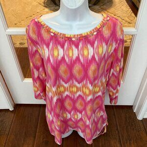 Lara Lane Pink White Yellow 3/4 Top with Beaded Neckline X Large